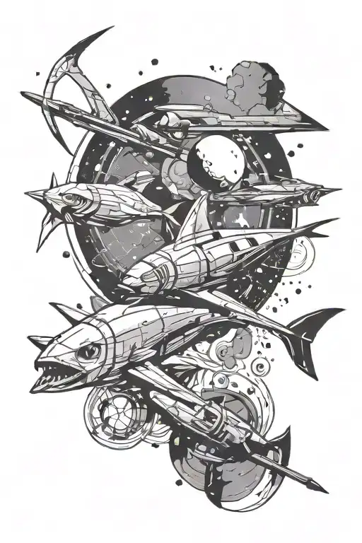 space theme. include Libra constellation, swordfish from cowboy bebop, and elements from yu yu Hakusho and berserk anime tattoo design idea
