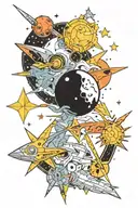 space theme. include Libra constellation, swordfish from cowboy bebop, and elements from yu yu Hakusho and berserk anime tattoo design idea