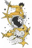 space theme. include Libra constellation, swordfish from cowboy bebop, and elements from yu yu Hakusho and berserk anime tattoo design idea