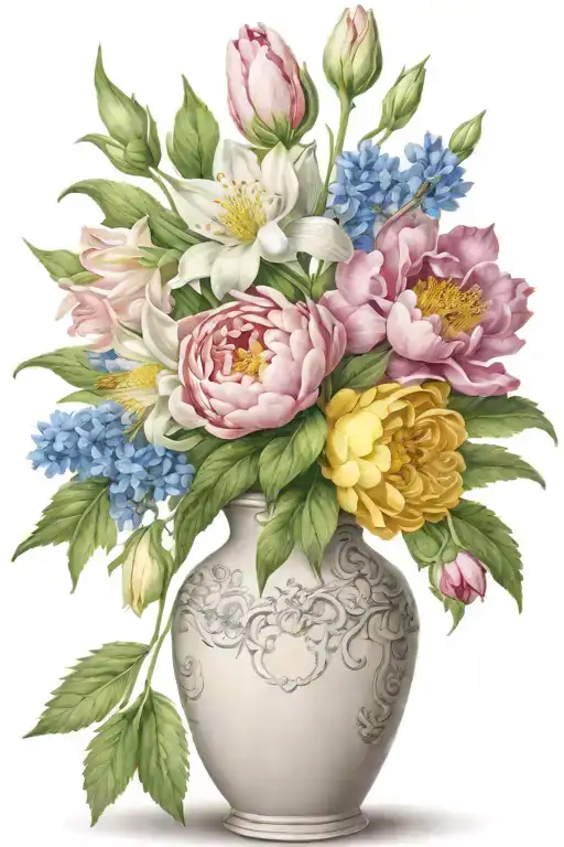 vase with peony, larkspur, lily, aster, snowdrop, tulip, holly tattoo design idea