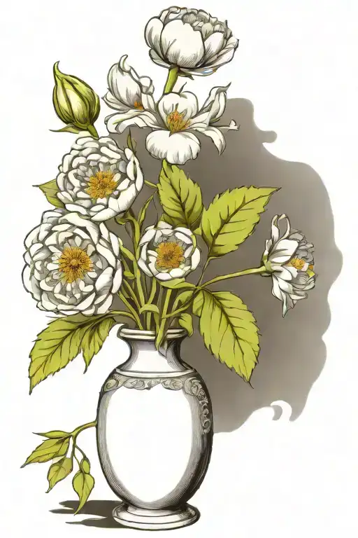 vase with peony, larkspur, lily, aster, snowdrop, tulip, holly tattoo design idea