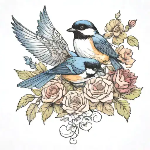 swallow bird chickadee roses intertwined poppies growing tattoo design idea