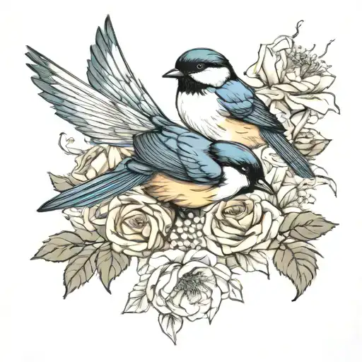 swallow bird roses intertwined poppies blooming chickadee  tattoo design idea