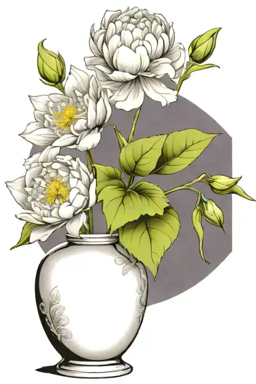 vase with peony, larkspur, lily, aster, snowdrop, tulip, holly tattoo design idea