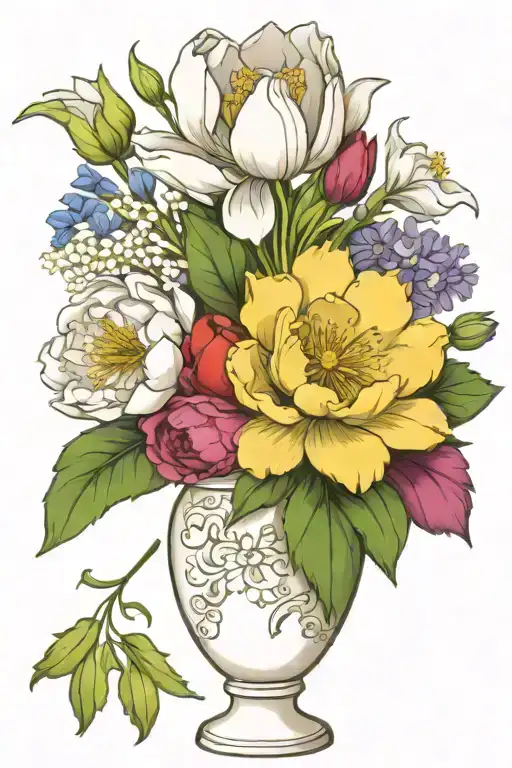 vase with peony, larkspur, lily, aster, snowdrop, tulip, holly tattoo design idea