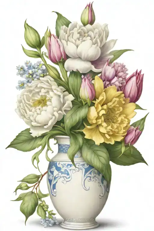 vase with peony, larkspur, lily, aster, snowdrop, tulip, holly tattoo design idea