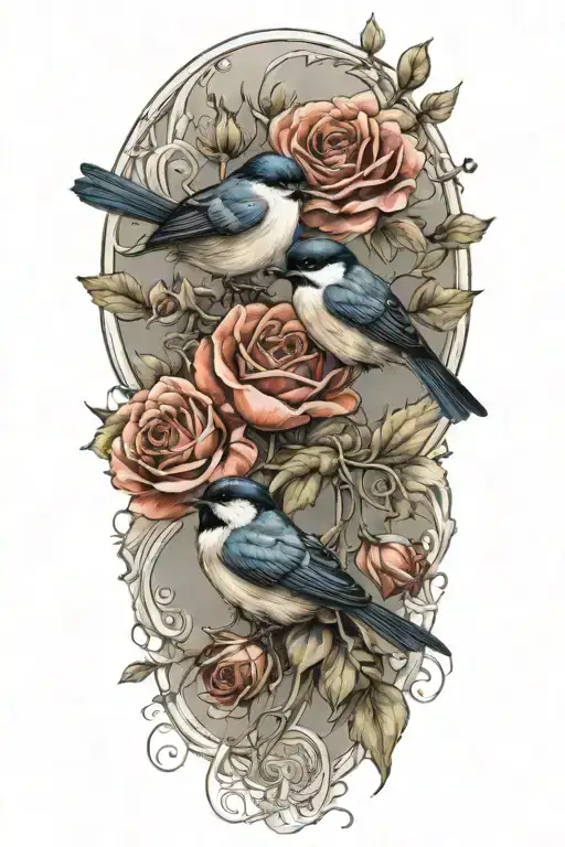 swallow bird chickadee roses intertwined poppies growing tattoo design idea