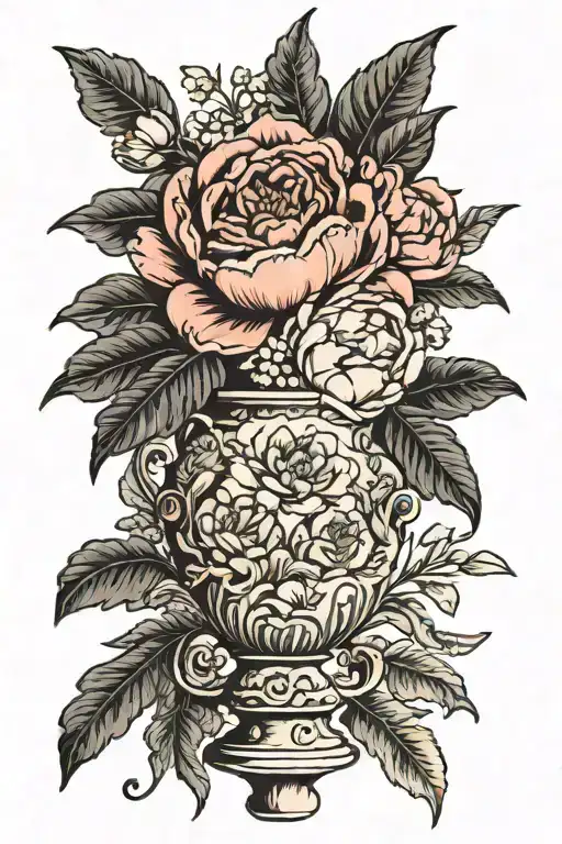 vase with peony, larkspur, lily, aster, snowdrop, tulip, holly tattoo design idea