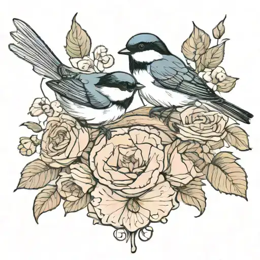 swallow bird chickadee roses intertwined poppies growing tattoo design idea