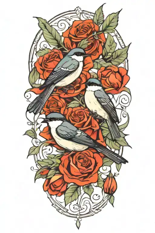 swallow bird chickadee roses intertwined poppies growing tattoo design idea