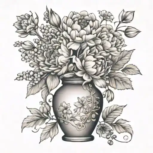 vase with peony, larkspur, lily, aster, snowdrop, tulip, holly tattoo design idea