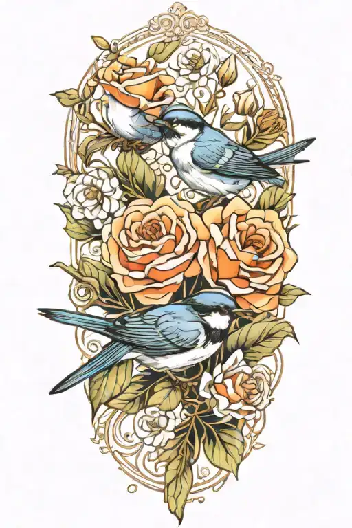 swallow bird chickadee roses intertwined poppies growing tattoo design idea