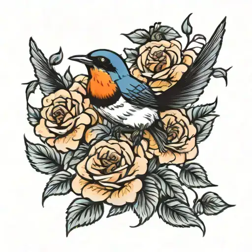 swallow bird flying chickadees perched roses poppy  tattoo design idea