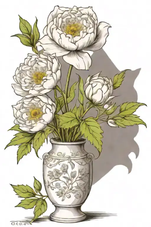 vase with peony, larkspur, lily, aster, snowdrop, tulip, holly tattoo design idea