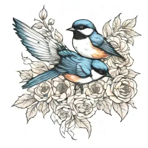 swallow bird roses intertwined poppies blooming chickadee  tattoo design idea
