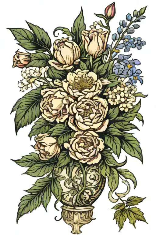 vase with peony, larkspur, lily, aster, snowdrop, tulip, holly tattoo design idea