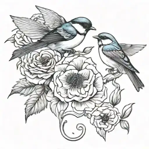 swallow bird chickadee roses intertwined poppies growing tattoo design idea