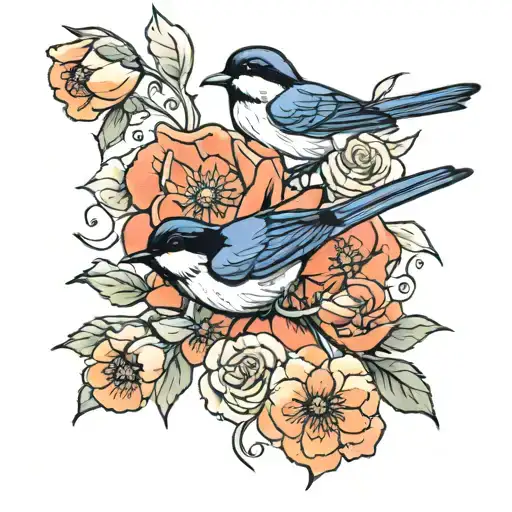 swallow bird roses intertwined poppies blooming chickadee  tattoo design idea