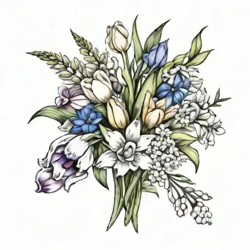 Bouquet of flowers, tulip, larkspur, Holly, peony, snowdrop, Lily, Astor tattoo design idea