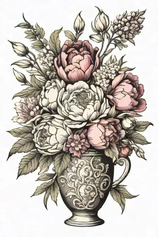 vase with peony, larkspur, lily, aster, snowdrop, tulip, holly tattoo design idea