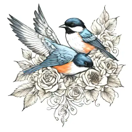 swallow bird roses intertwined poppies blooming chickadee  tattoo design idea
