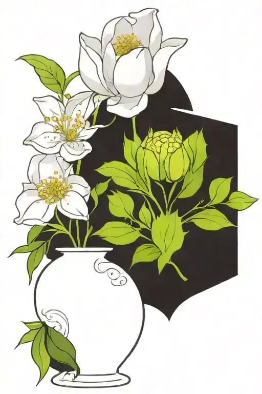 vase with peony, larkspur, lily, aster, snowdrop, tulip, holly tattoo design idea