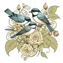 swallow bird chickadee roses intertwined poppies growing tattoo design idea