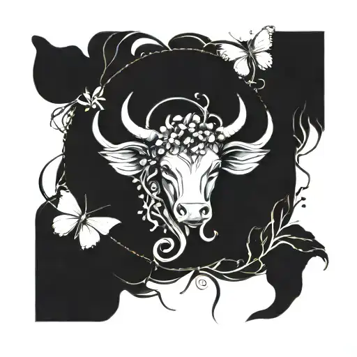 A Taurus zodiac sign intertwined with a vine of lotus flowers and butterflies, representing the client's love for nature and astrology tattoo design idea