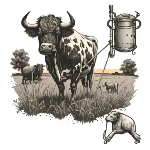 Cattle grazing in a field with a fishing rod and trap in the background tattoo design idea