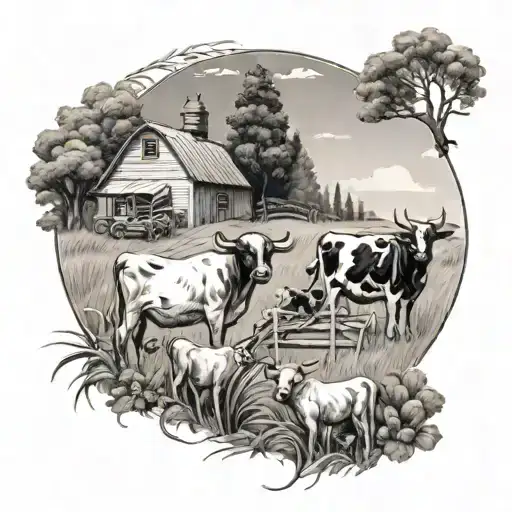A farm scene with a mix of minks, cattle, and various crops intertwined tattoo design idea