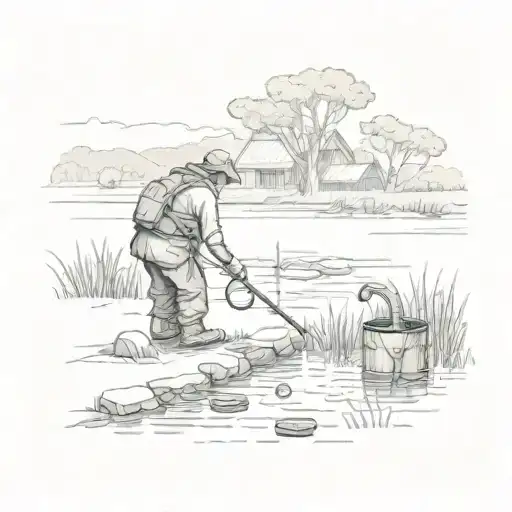 A detailed sketch of a farmer checking traps by a river while minks roam nearby tattoo design idea