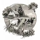 A farm scene with a mix of minks, cattle, and various crops intertwined tattoo design idea