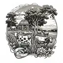 A farm scene with a mix of minks, cattle, and various crops intertwined tattoo design idea