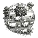A farm scene with a mix of minks, cattle, and various crops intertwined tattoo design idea