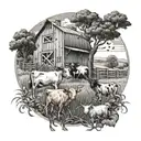 A farm scene with a mix of minks, cattle, and various crops intertwined tattoo design idea
