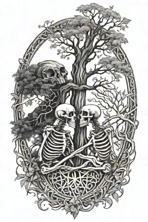 skeleton couple intertwined in the middle of a tree of life with a dog paw tattoo design idea
