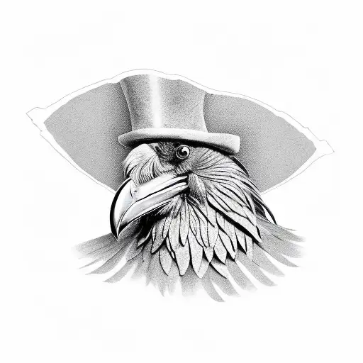 a humanoid raven in profile, in a top hat and with a dueling pistol tattoo design idea