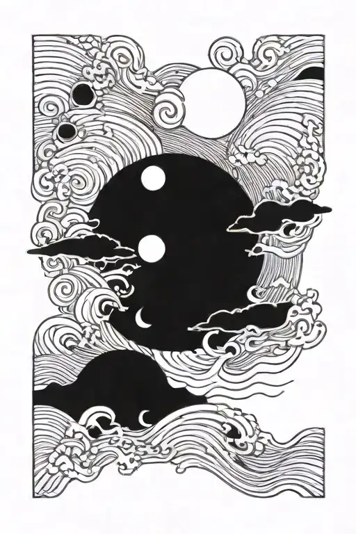 circle filled with blank tint simulating an eclipse, then a sea with strong waves   tattoo design idea