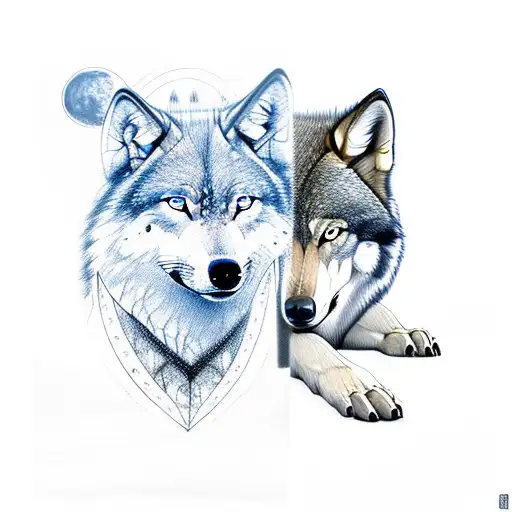 Half real wolf with blue eye on left and half geometric wolf with brown eye on right side with moon above with wolf siho tattoo design idea