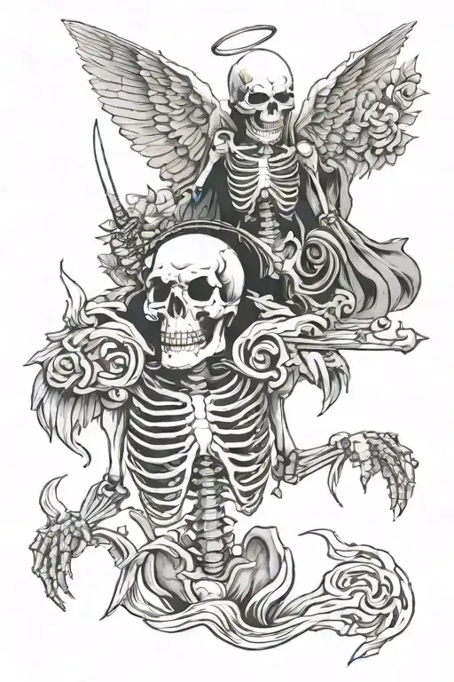 skeleton and angel half demon tattoo design idea