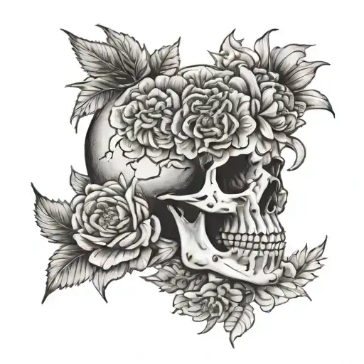 half skull left with carnation, violet, aster, marigold, cosmos, peony and chrysanthemum tattoo design idea