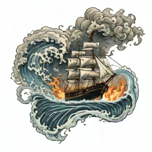 A realistic portrait of a burning ship with waves crashing around it tattoo design idea