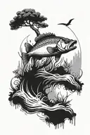 bass jumping out of the water with layded down trees  tattoo design idea