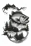 bass jumping out of the water with layded down trees  tattoo design idea