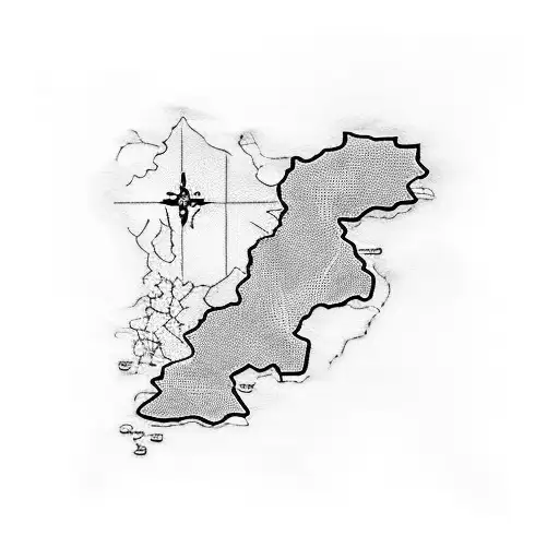 A dotwork tattoo of a map of Nigeria overlaid with intricate Catholic symbols, surrounded by a border of lush jungle foliage tattoo design idea