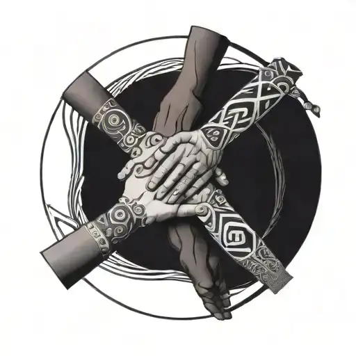 A black and grey tattoo design of a group of friends holding hands in a circle, symbolizing unity and friendship, with African tribal patterns incorporated into the background tattoo design idea