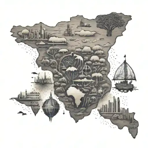 An intricate dotwork tattoo design of a map of Africa with various landmarks and symbols representing the client's love for travel and exploration tattoo design idea