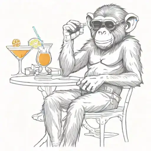 a monkey with sunglasses sitting on a discoball sipping a martini tattoo design idea