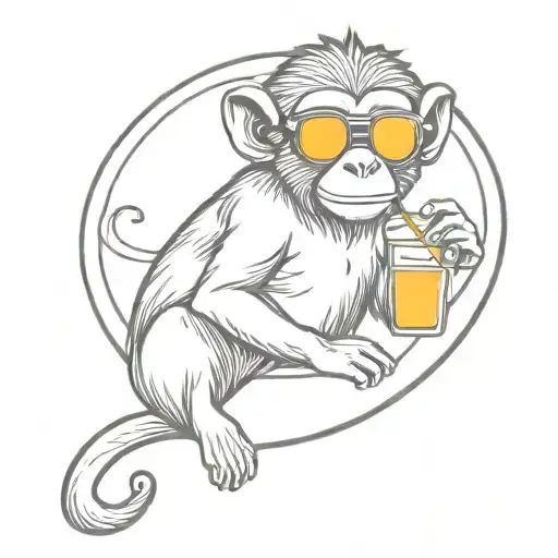 a monkey with sunglasses sitting on a disco ball sipping a martini tattoo design idea