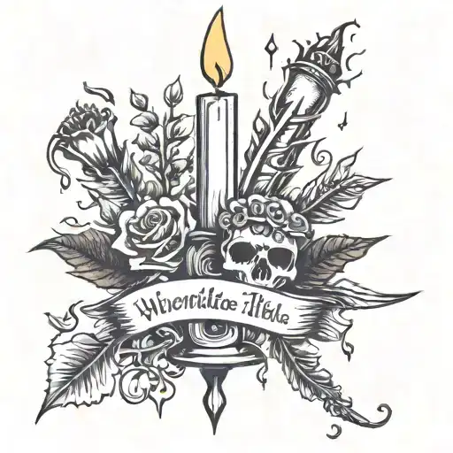 Bougie avec feuille de parchemins avec la phrase where candlelights flickers though the air is deathly still tattoo design idea
